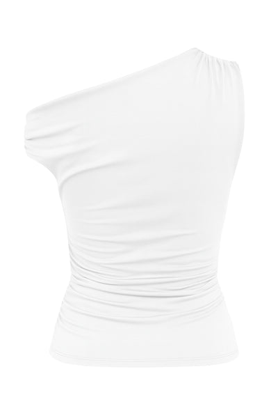 Top ajustado asimétrico de escote diagonal, una manga corta seguida con hombro descubierto, plisados en hombros y costados.
