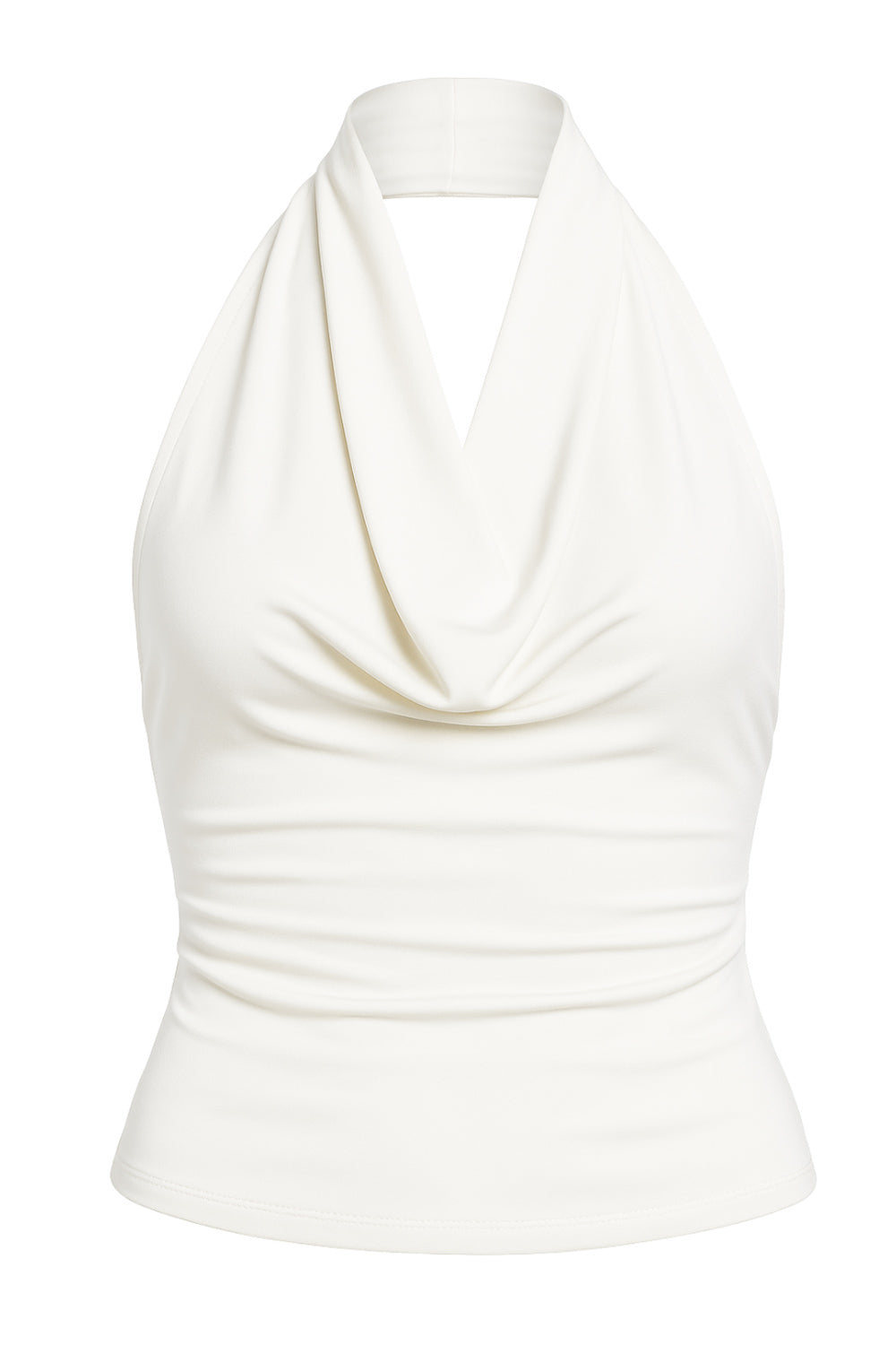 Top de cuello halter con escote fluido, fit ajustado, sin mangas y escote en espalda con plisados.