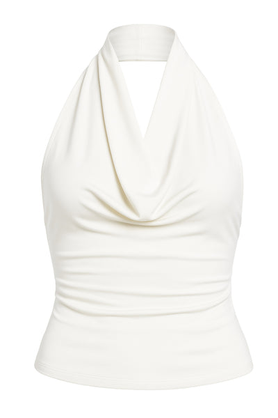 Top de cuello halter con escote fluido, fit ajustado, sin mangas y escote en espalda con plisados.