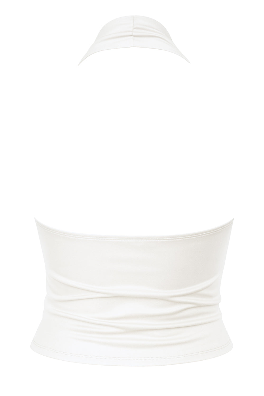 Top de cuello halter con escote fluido, fit ajustado, sin mangas y escote en espalda con plisados.