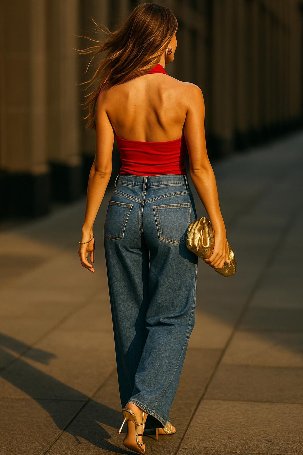 Top corto ajustado de cuello halter con escote fluido, sin mangas, escote en espalda, cierre posterior con botón y ojal.