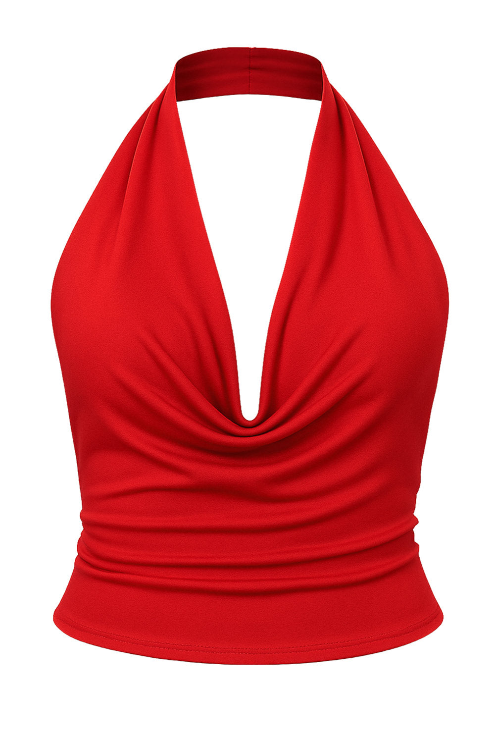 Top corto ajustado de cuello halter con escote fluido, sin mangas, escote en espalda, cierre posterior con botón y ojal.