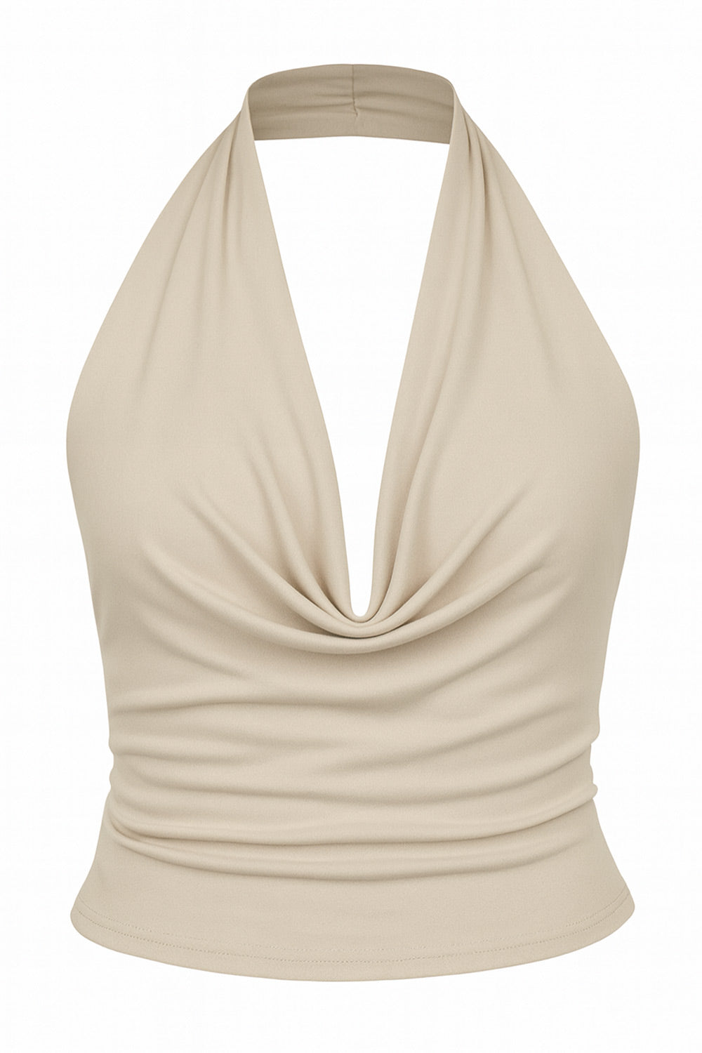 Top corto ajustado de cuello halter con escote fluido, sin mangas, escote en espalda, cierre posterior con botón y ojal.