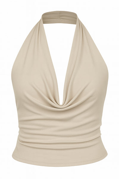 Top corto ajustado de cuello halter con escote fluido, sin mangas, escote en espalda, cierre posterior con botón y ojal.