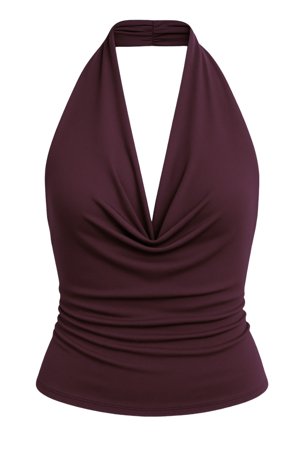 Top corto ajustado de cuello halter con escote fluido, sin mangas, escote en espalda, cierre posterior con botón y ojal.