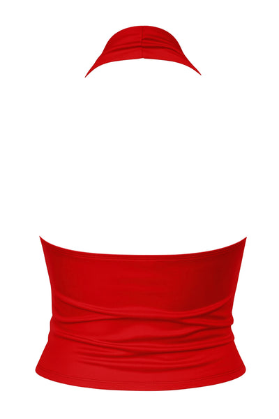 Top corto ajustado de cuello halter con escote fluido, sin mangas, escote en espalda, cierre posterior con botón y ojal.