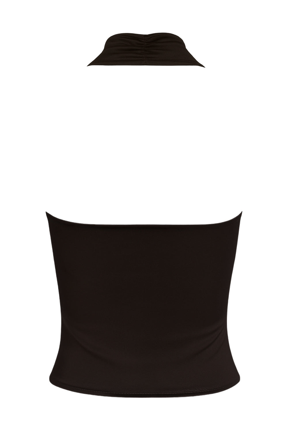 Top corto ajustado de cuello halter con escote fluido, sin mangas, escote en espalda, cierre posterior con botón y ojal.