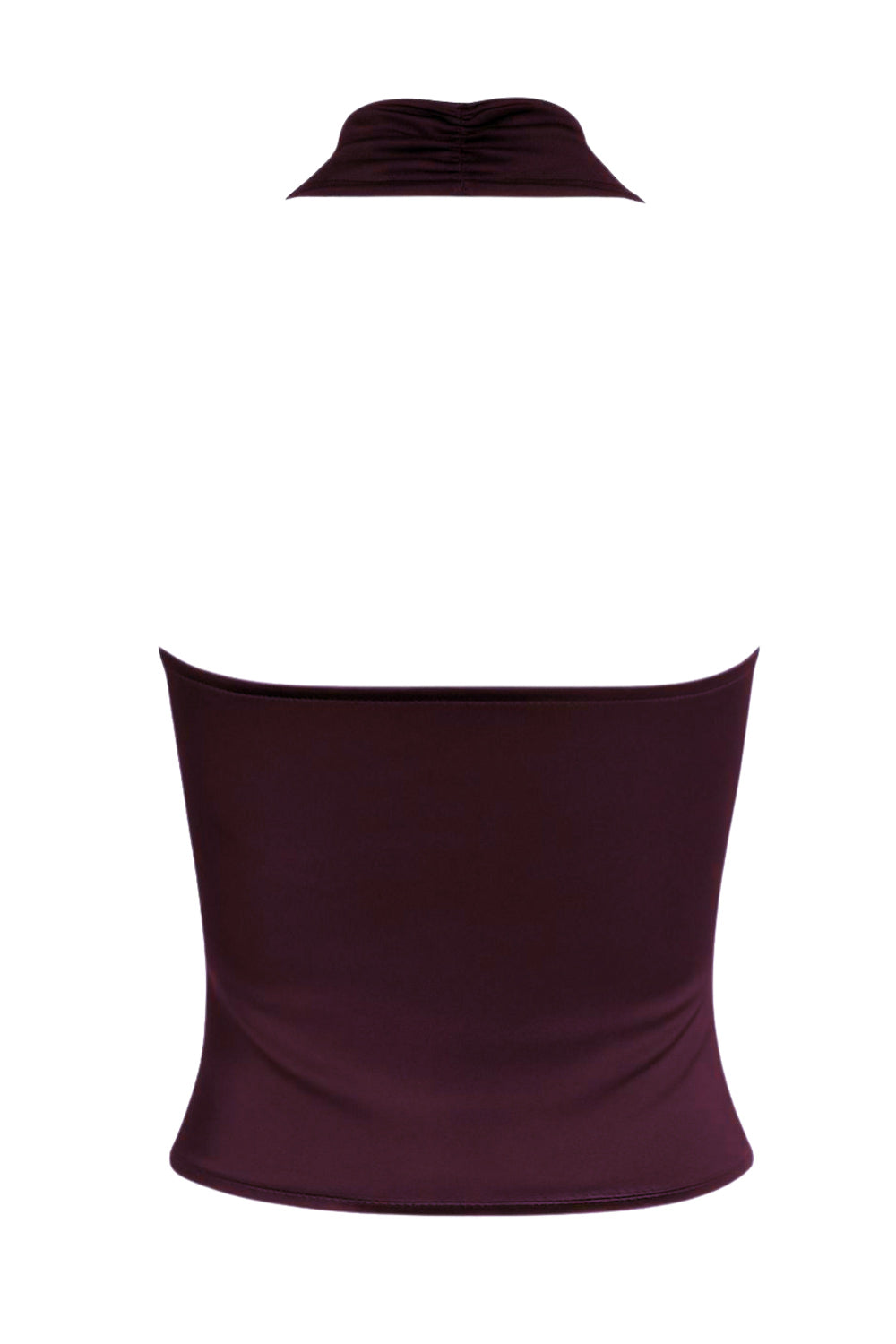 Top corto ajustado de cuello halter con escote fluido, sin mangas, escote en espalda, cierre posterior con botón y ojal.