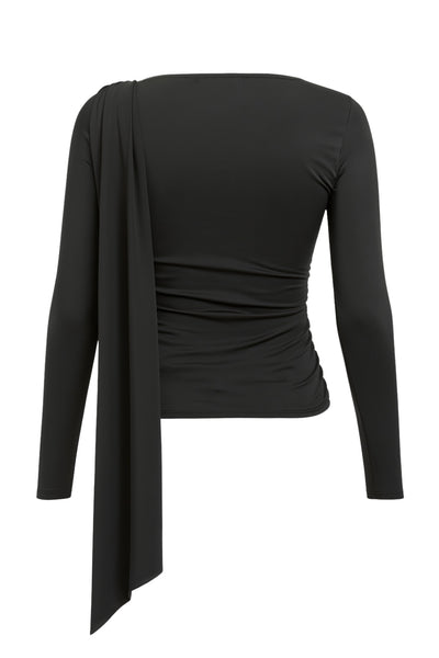 Top de manga larga, fit ajustado, cuello barco y detalle decorativo frontal cruzado con plisados.