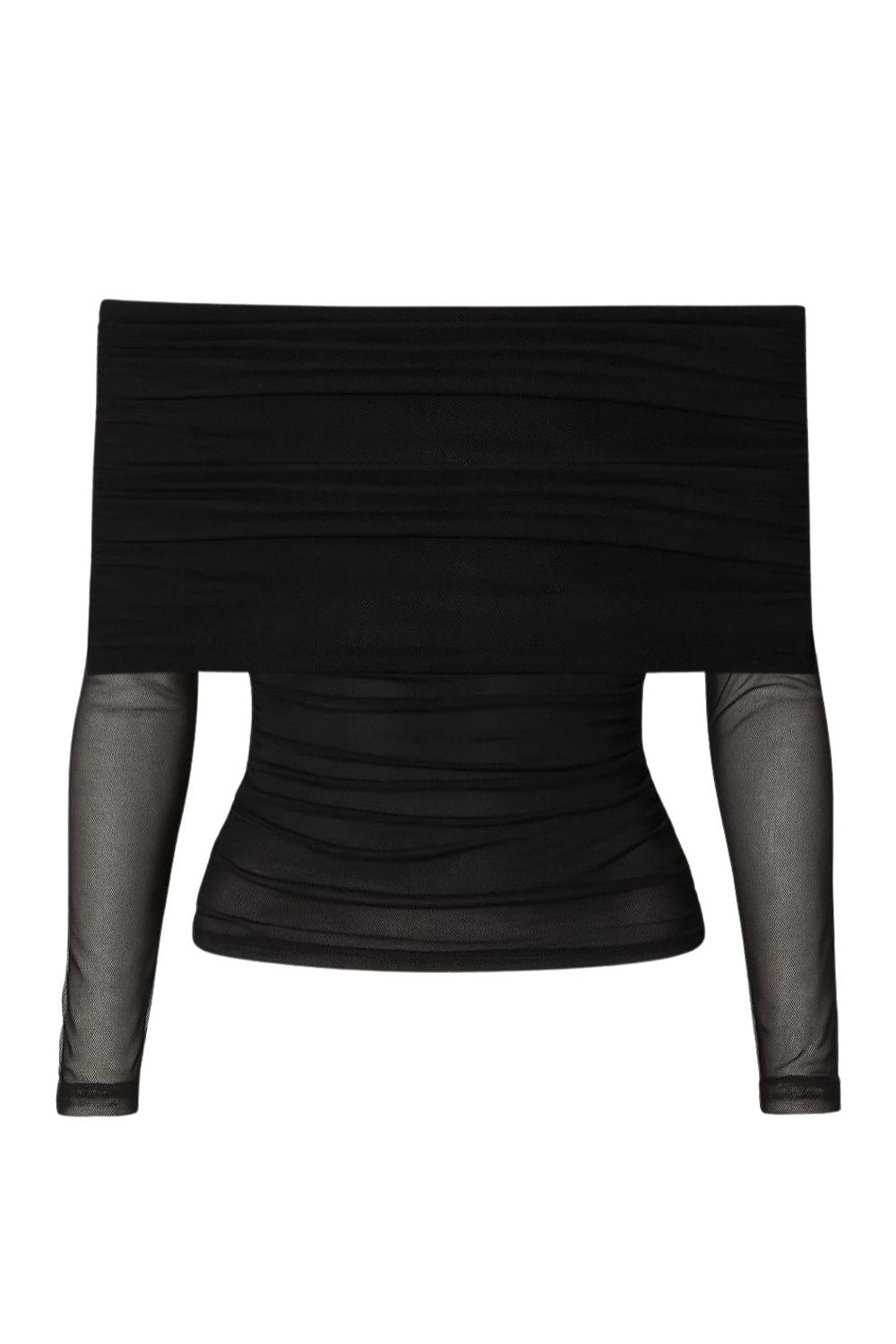 Top de mesh, fit ajustado, hombros descubiertos, manga larga, escote recto con doblez y plisados decorativos.