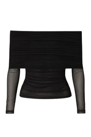 Top de mesh, fit ajustado, hombros descubiertos, manga larga, escote recto con doblez y plisados decorativos.