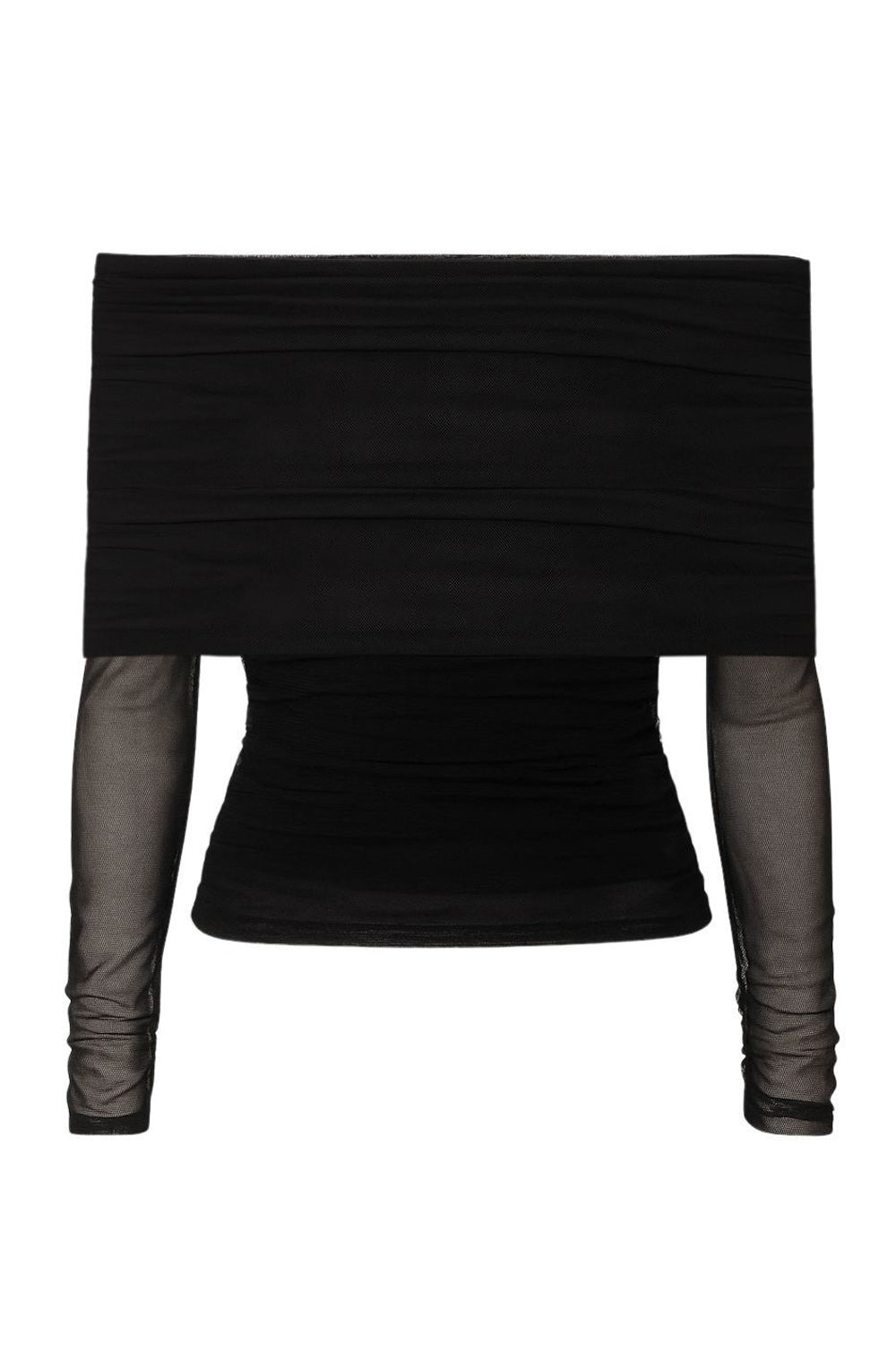 Top de mesh, fit ajustado, hombros descubiertos, manga larga, escote recto con doblez y plisados decorativos.
