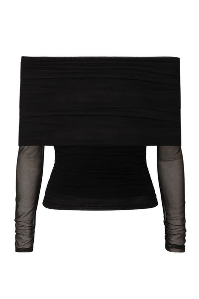 Top de mesh, fit ajustado, hombros descubiertos, manga larga, escote recto con doblez y plisados decorativos.