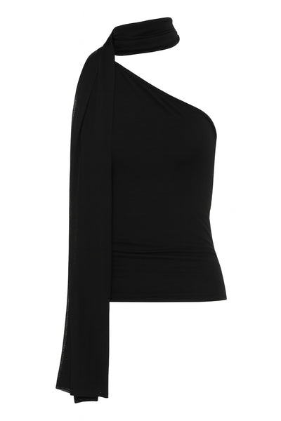 Top asimétrico de fit ajustado, sin mangas, un hombro, escote diagonal con detalle de choker cruzado.