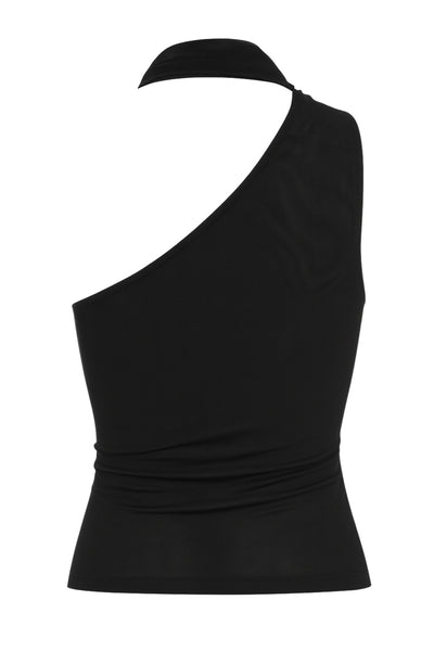 Top asimétrico de fit ajustado, sin mangas, un hombro, escote diagonal con detalle de choker cruzado.