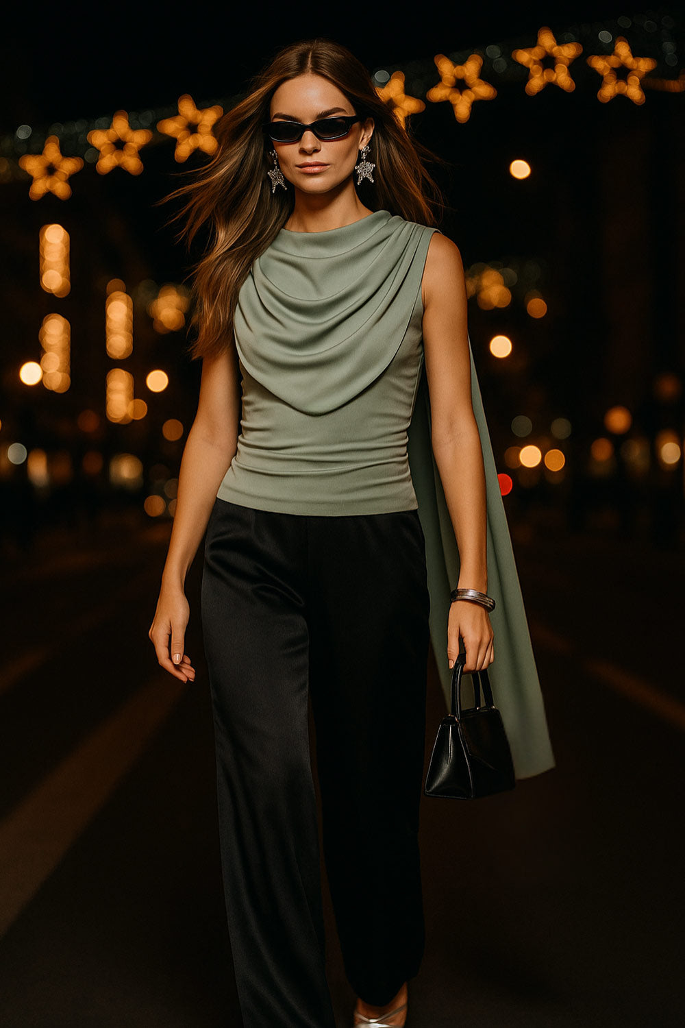 Top de fit ajustado, sin mangas, cuello redondo y detalle decorativo frontal con plisados en hombros.