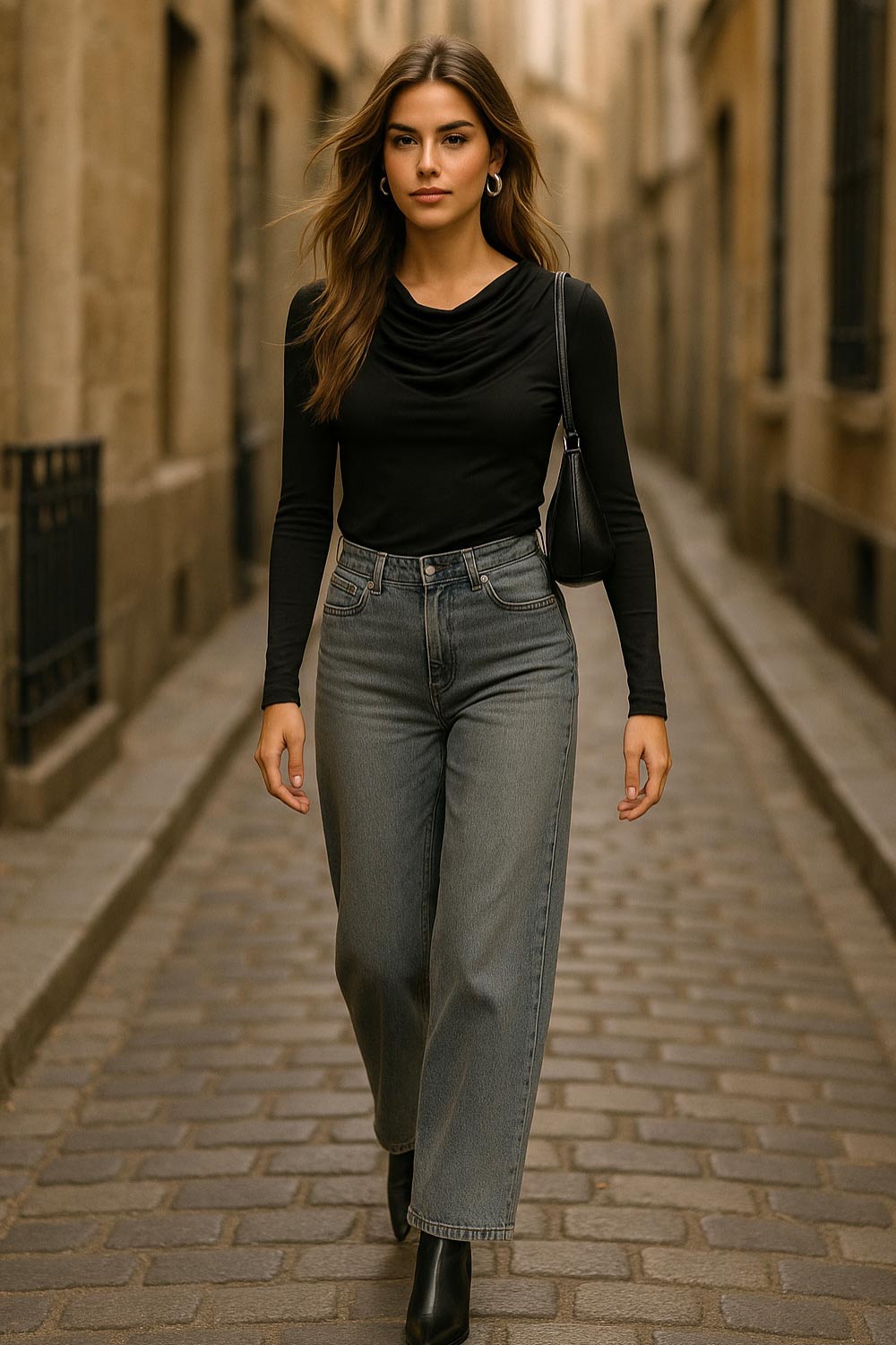 Top de fit ajustado, cuello barco con escote fluido, plisados en hombros y manga larga.