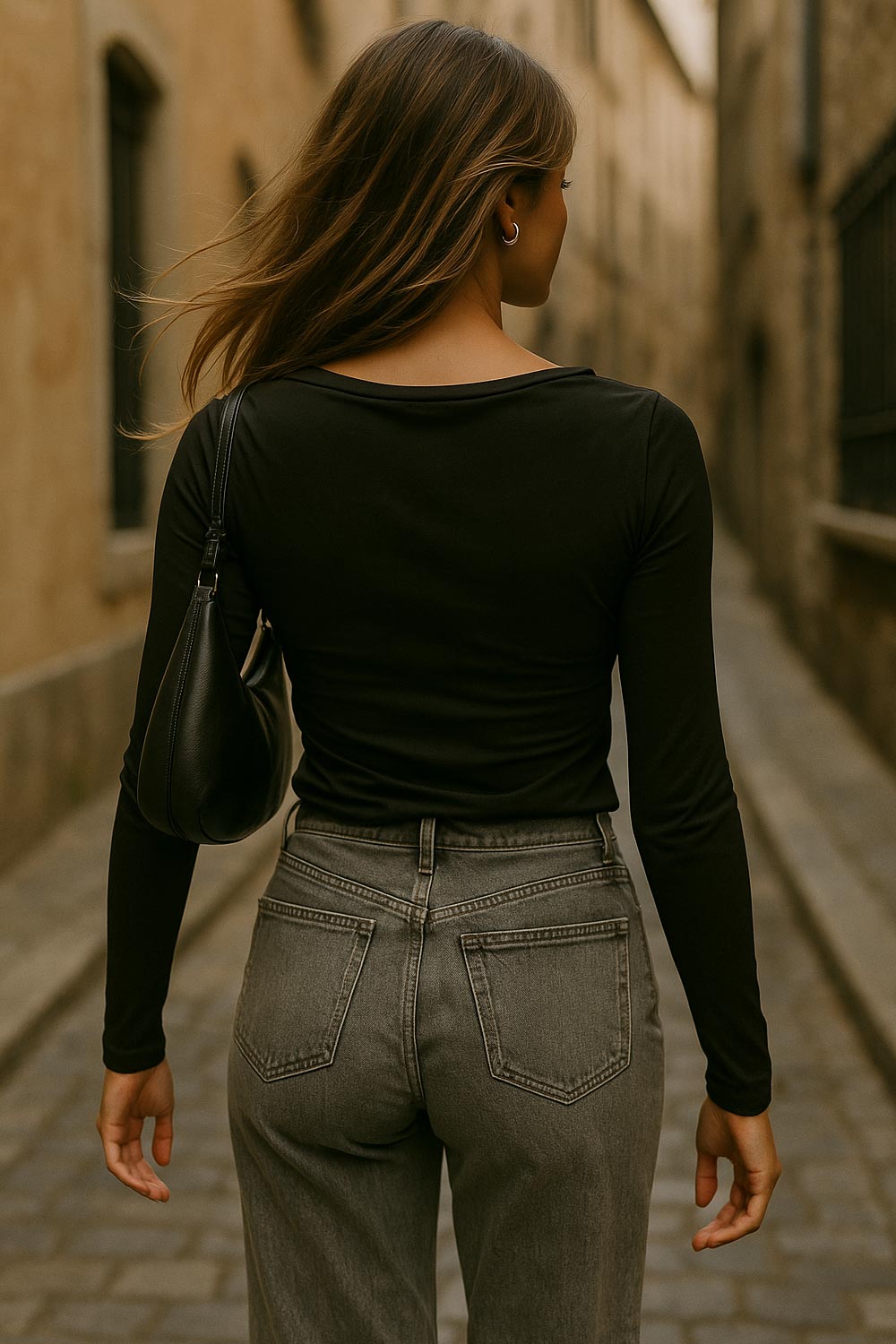 Top de fit ajustado, cuello barco con escote fluido, plisados en hombros y manga larga.