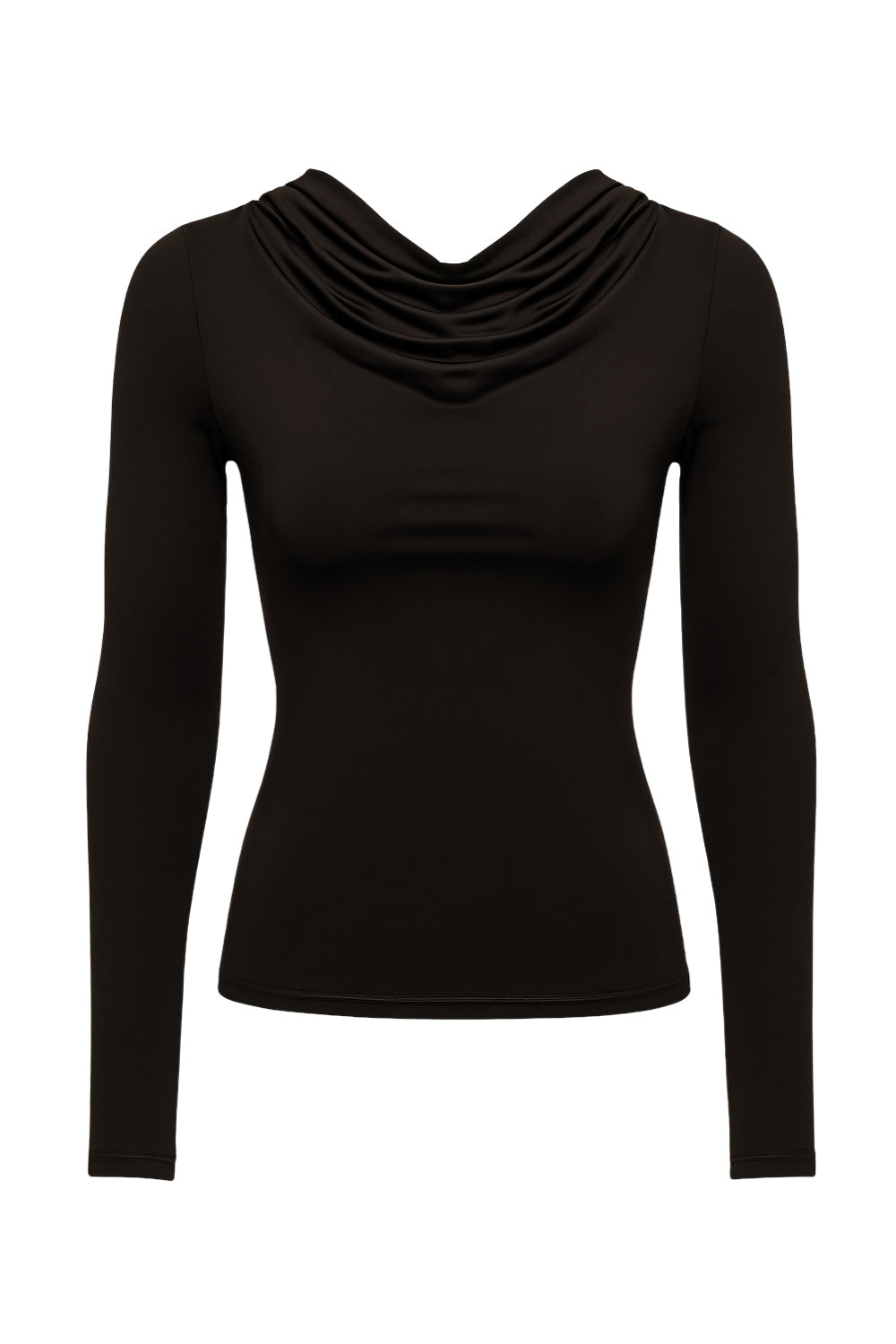 Top de fit ajustado, cuello barco con escote fluido, plisados en hombros y manga larga.