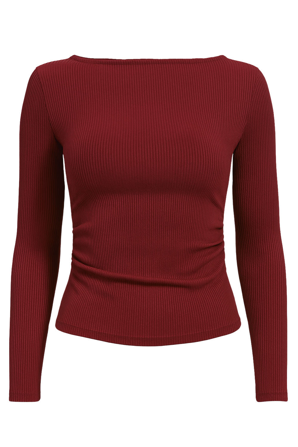 Top básico canalé de fit ajustado, cuello barco, manga larga y plisados decorativos laterales.