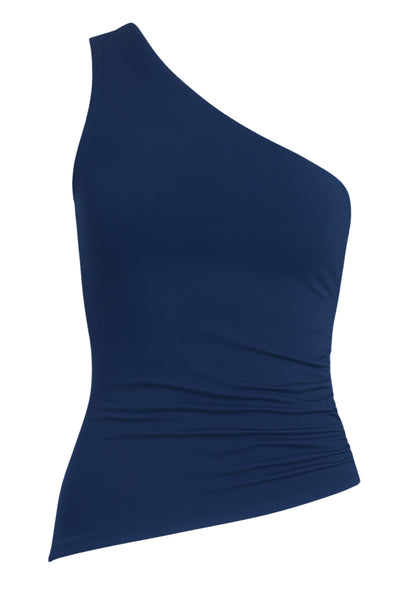 Top asimétrico de fit ajustado, un hombro, escote diagonal, plisados en costado y detalle de bajo asimétrico curveado.