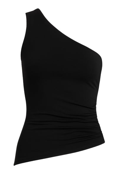 Top asimétrico de fit ajustado, un hombro, escote diagonal, plisados en costado y detalle de bajo asimétrico curveado.