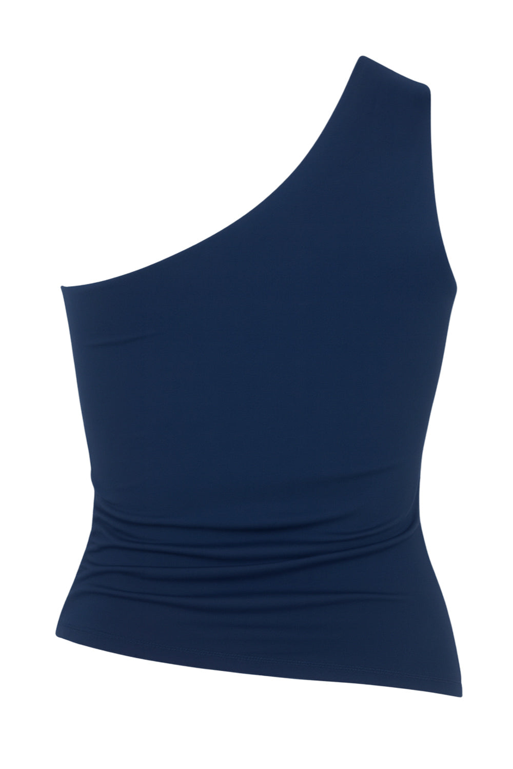 Top asimétrico de fit ajustado, un hombro, escote diagonal, plisados en costado y detalle de bajo asimétrico curveado.