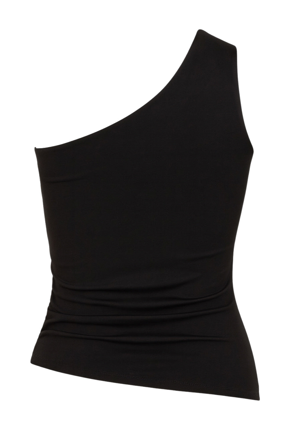 Top asimétrico de fit ajustado, un hombro, escote diagonal, plisados en costado y detalle de bajo asimétrico curveado.