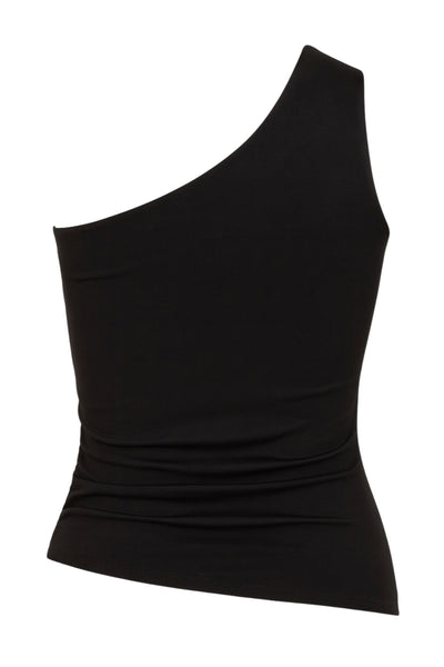 Top asimétrico de fit ajustado, un hombro, escote diagonal, plisados en costado y detalle de bajo asimétrico curveado.