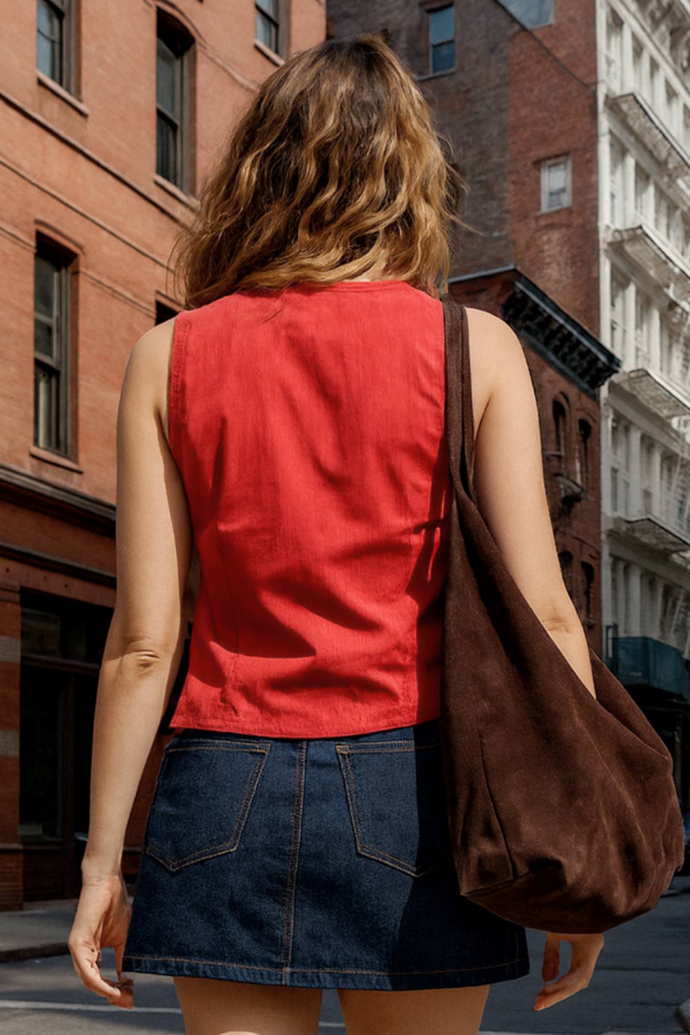 Top corto de fit recto, sin mangas, cuello redondo, bajo v frontal y cierre con hilera de botones.