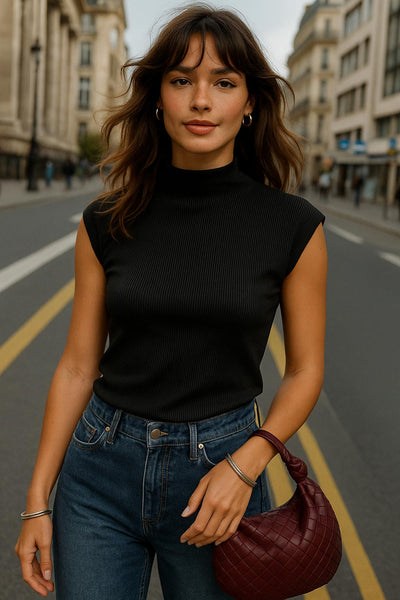 Top canalé de fit ajustado, cuello mock y manga corta seguidos.