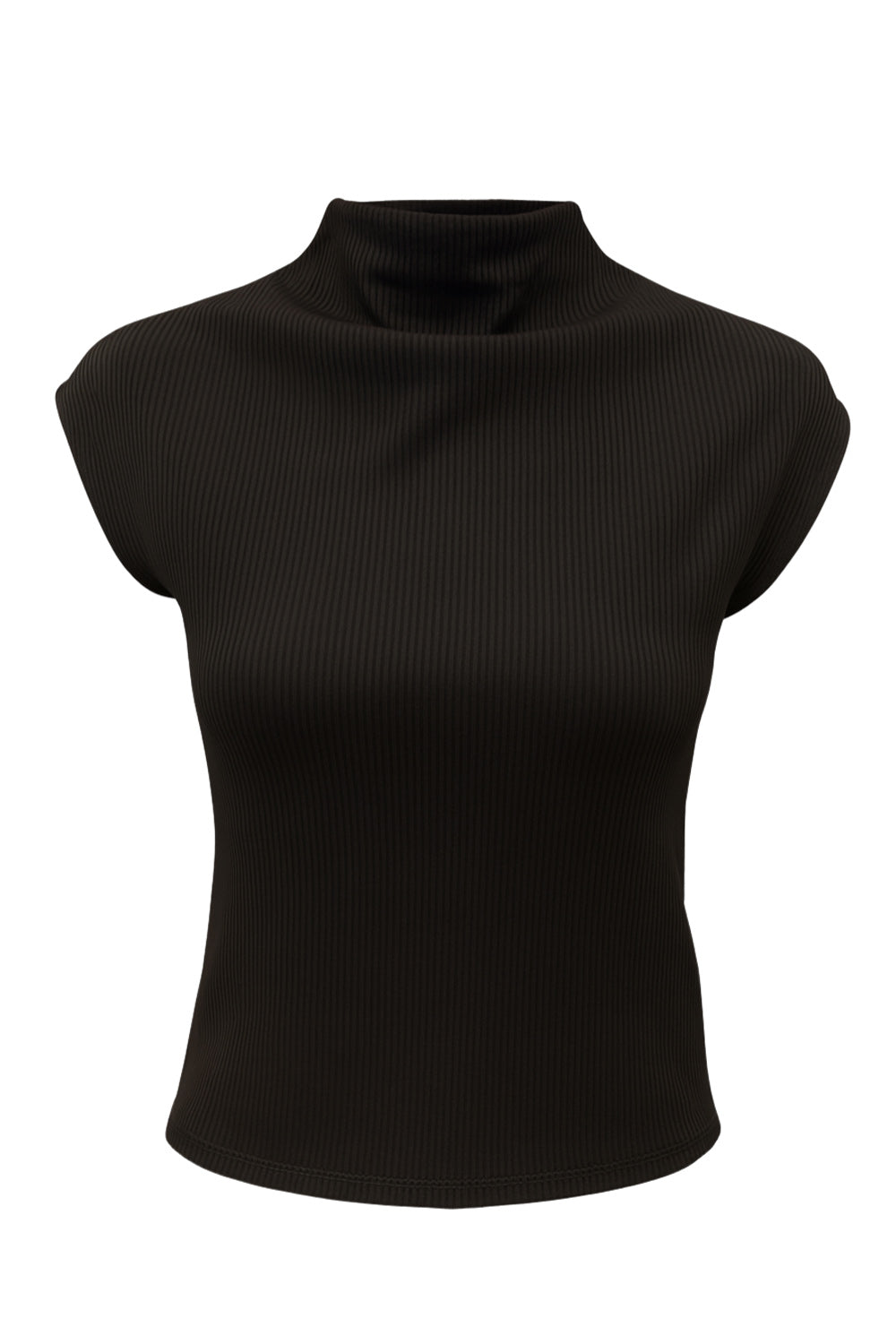 Top canalé de fit ajustado, cuello mock y manga corta seguidos.