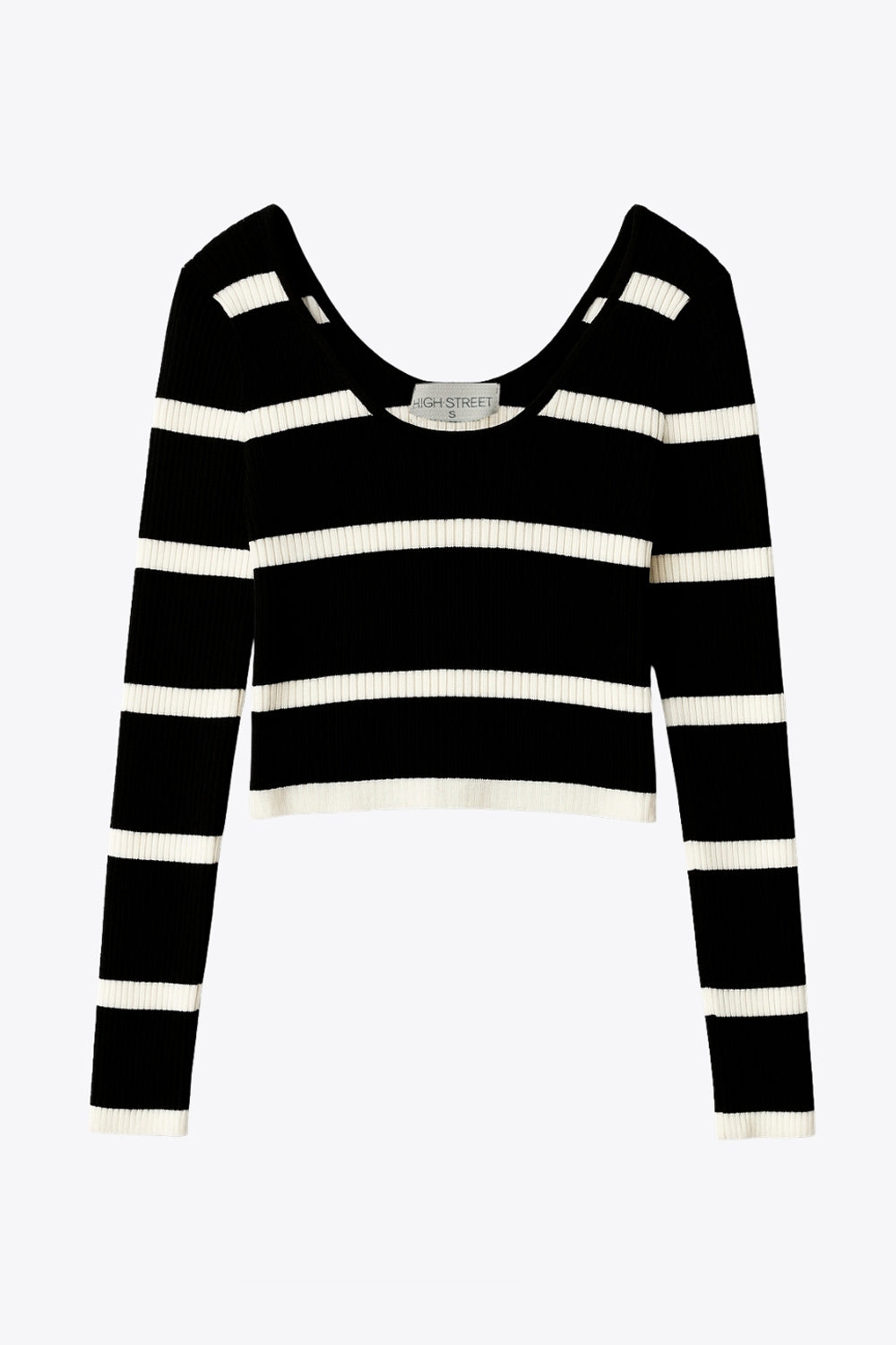 Top corto canalé de estampado de rayas, manga larga, fit ajustado y escote redondo.