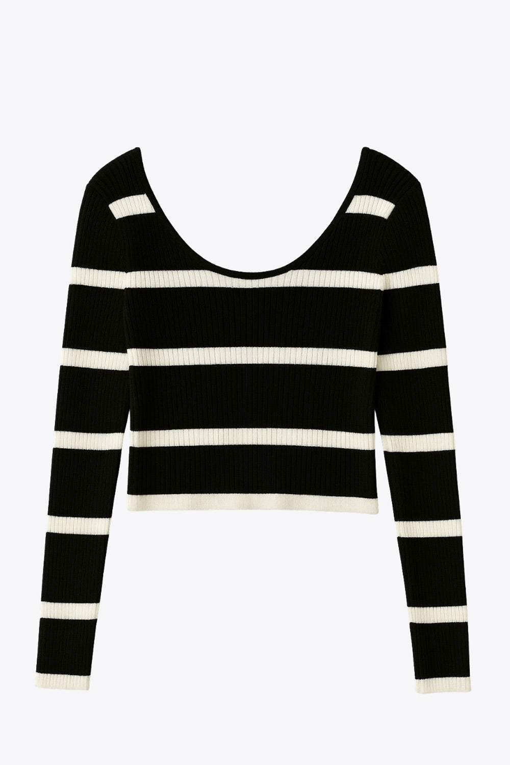 Top corto canalé de estampado de rayas, manga larga, fit ajustado y escote redondo.