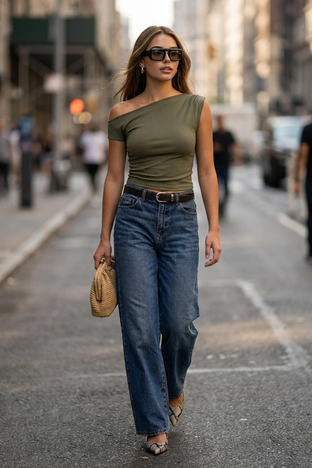 Top corto canalé asimétrico de fit ajustado, un manga corta seguida con hombro descubierto, plisados en costados y un hombro.