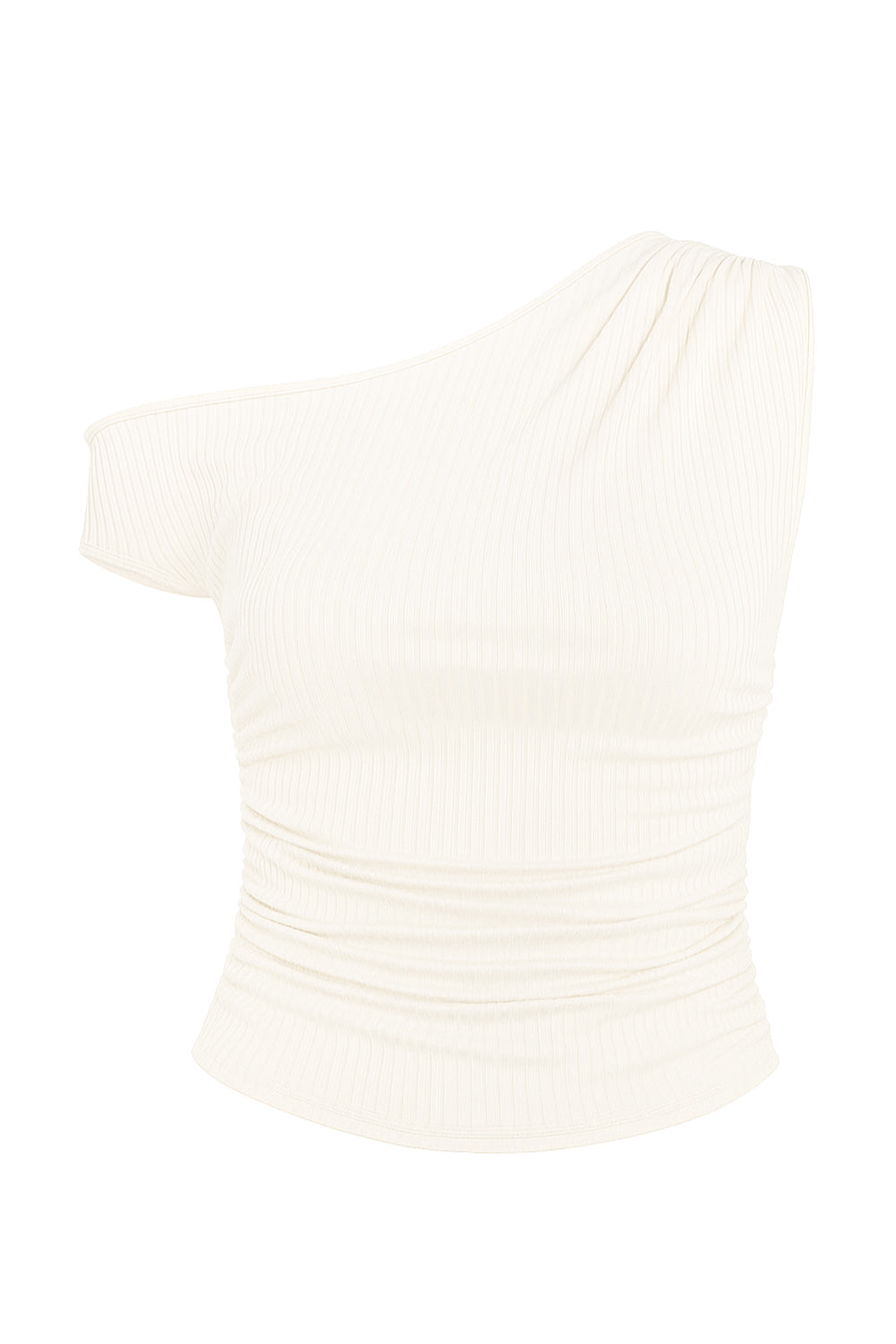 Top corto canalé asimétrico de fit ajustado, un manga corta seguida con hombro descubierto, plisados en costados y un hombro.