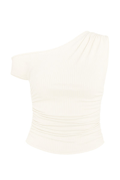 Top corto canalé asimétrico de fit ajustado, un manga corta seguida con hombro descubierto, plisados en costados y un hombro.