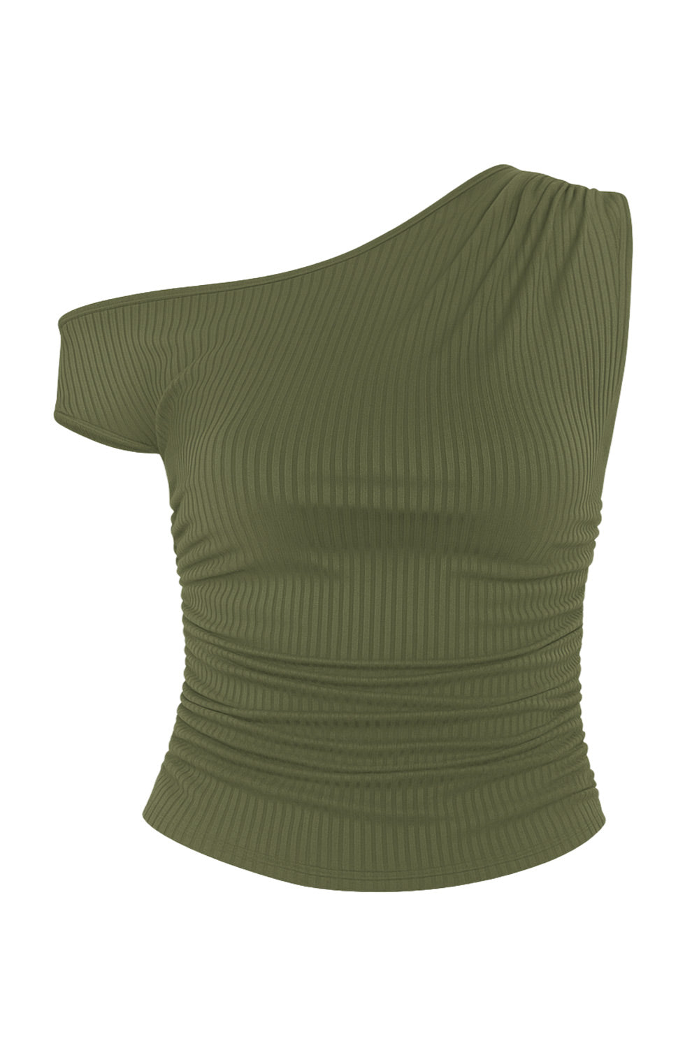 Top corto canalé asimétrico de fit ajustado, un manga corta seguida con hombro descubierto, plisados en costados y un hombro.