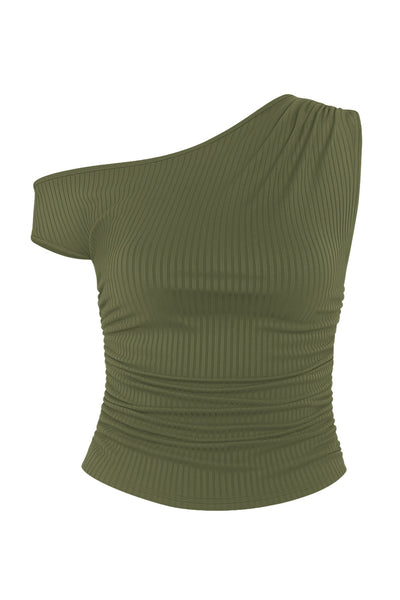 Top corto canalé asimétrico de fit ajustado, un manga corta seguida con hombro descubierto, plisados en costados y un hombro.