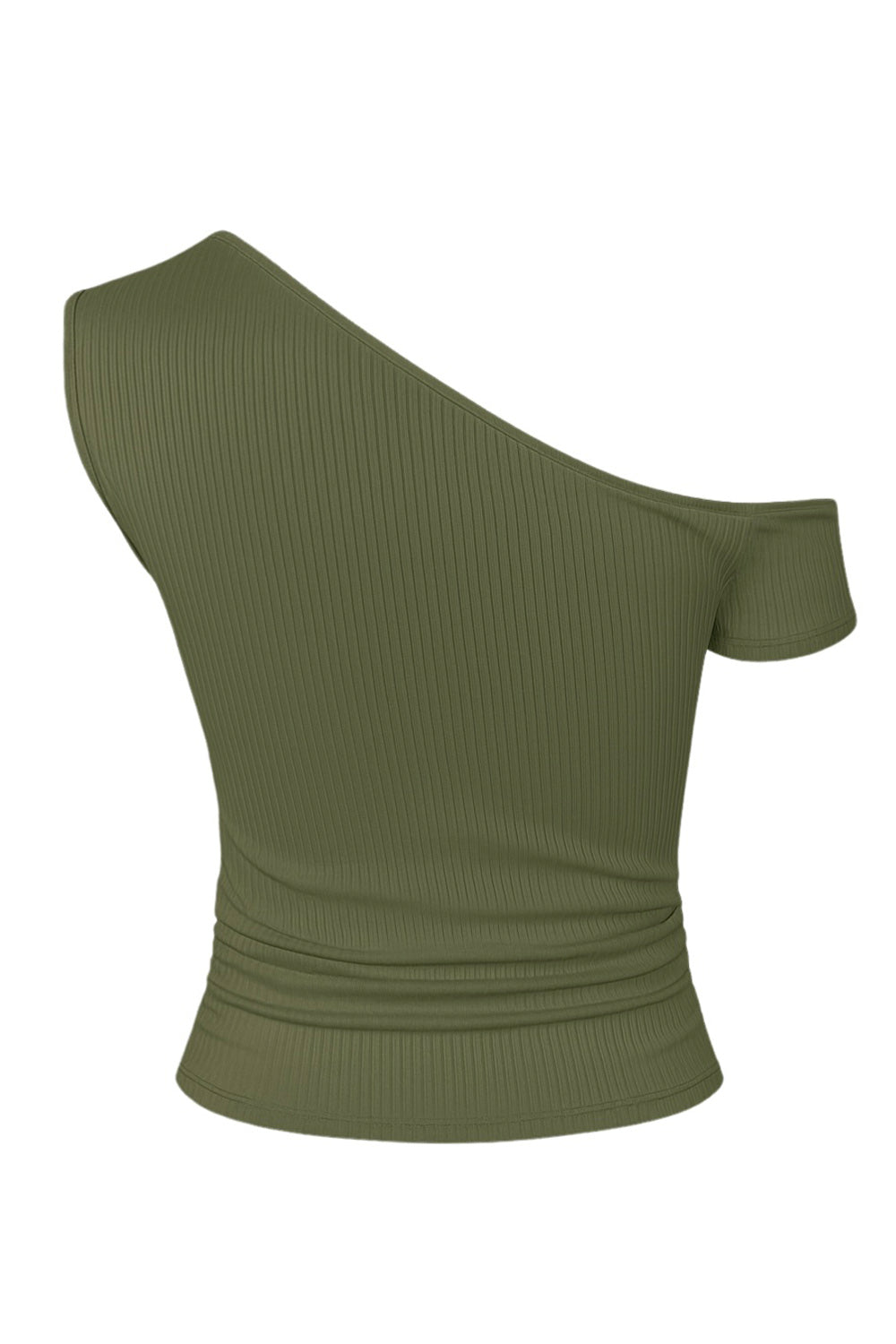 Top corto canalé asimétrico de fit ajustado, un manga corta seguida con hombro descubierto, plisados en costados y un hombro.