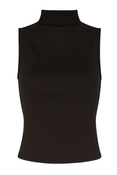 Top corto canalé de fit ajustado, sin mangas y cuello mock seguido.