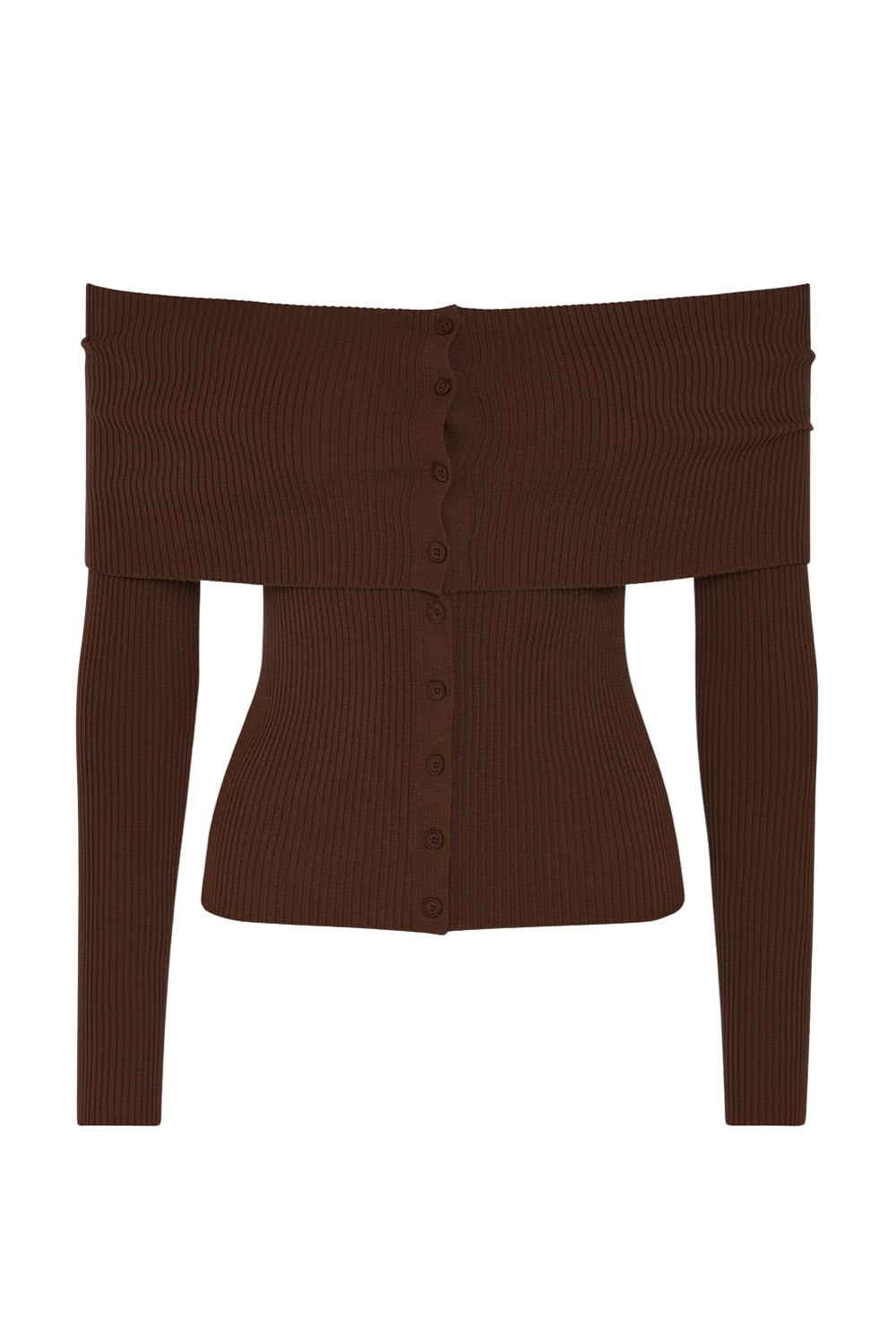 Top canalé de fit ajustado, manga larga, hombros descubiertos, escote recto con doblez en borde y cierre frontal con hilera de botones.