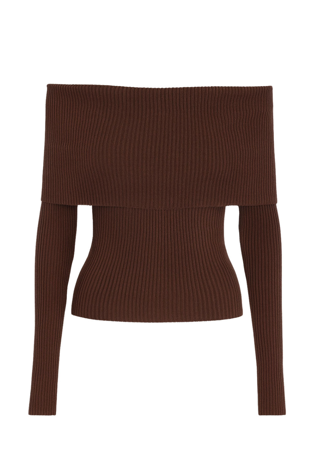 Top canalé de fit ajustado, manga larga, hombros descubiertos, escote recto con doblez en borde y cierre frontal con hilera de botones.