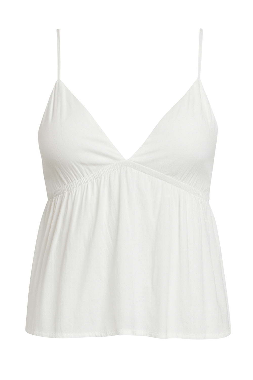 Top corto de tirantes delgados ajustables, escote v con cortes y plisados decorativos, peplum con olanes en bajo y rib elástico posterior.