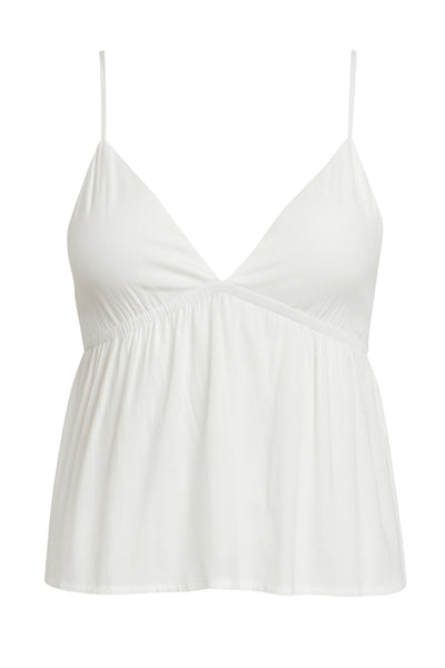 Top corto de tirantes delgados ajustables, escote v con cortes y plisados decorativos, peplum con olanes en bajo y rib elástico posterior.