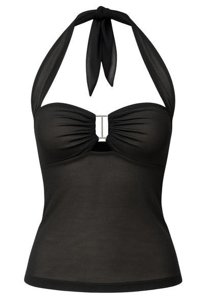 Top halter de fit ajustado con lazo amarrable posterior, escote corazón con plisados y cut out con hebilla frontal y escote en espalda.