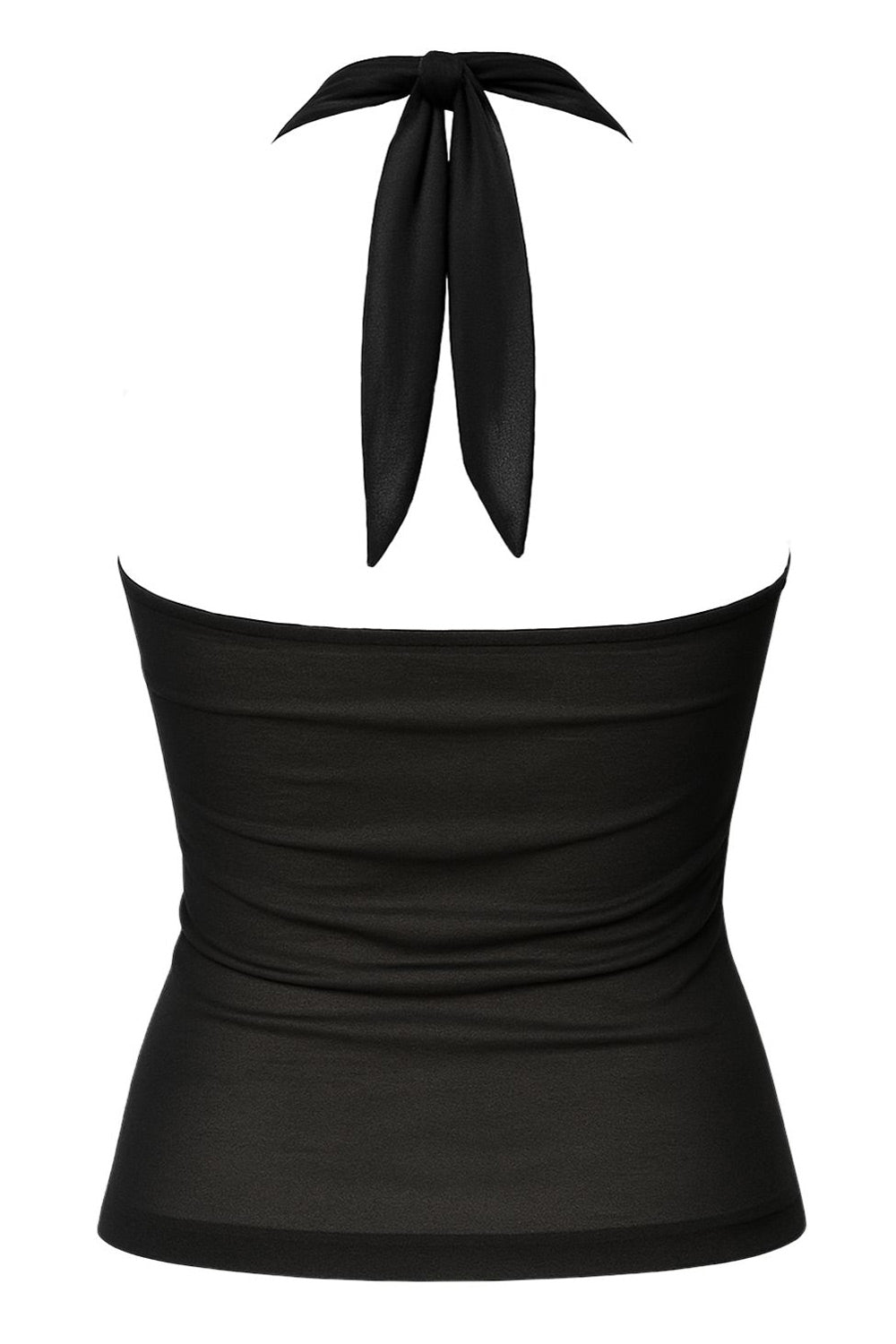 Top halter de fit ajustado con lazo amarrable posterior, escote corazón con plisados y cut out con hebilla frontal y escote en espalda.