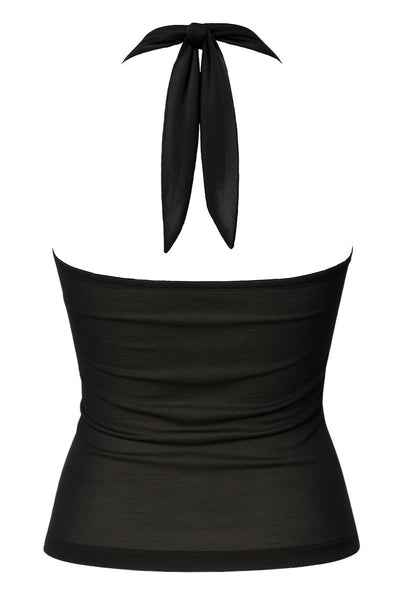 Top halter de fit ajustado con lazo amarrable posterior, escote corazón con plisados y cut out con hebilla frontal y escote en espalda.