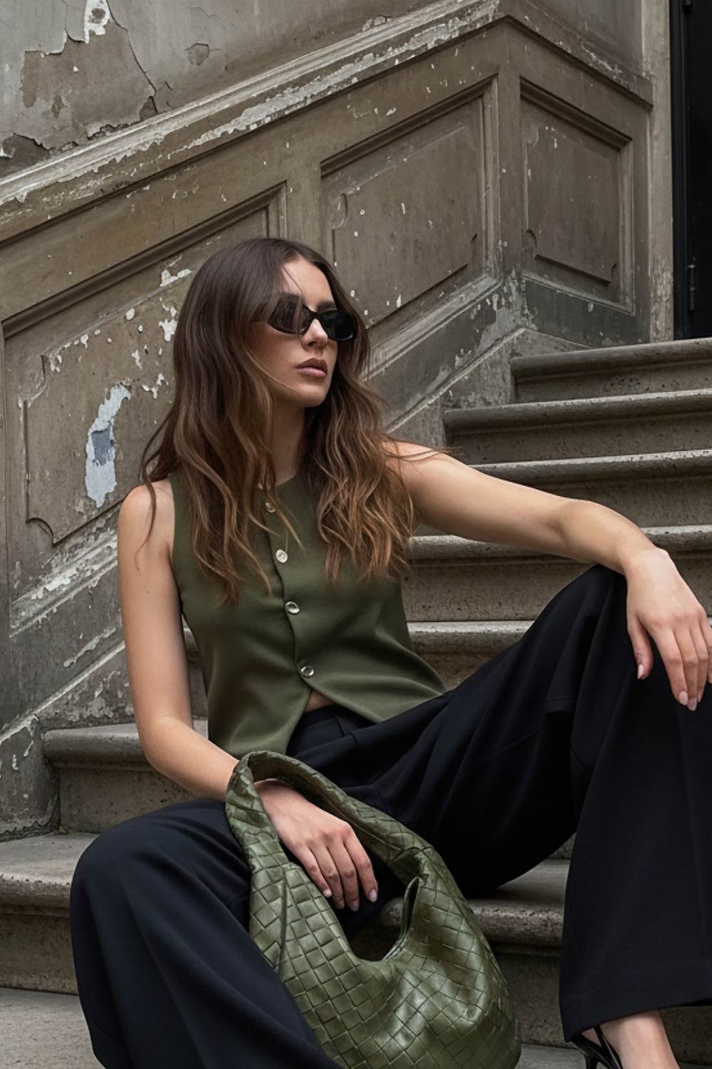 Chaleco corto de fit recto, cuello redondo y cierre frontal con hilera de botones en contraste. Detalle abertura v en bajo.