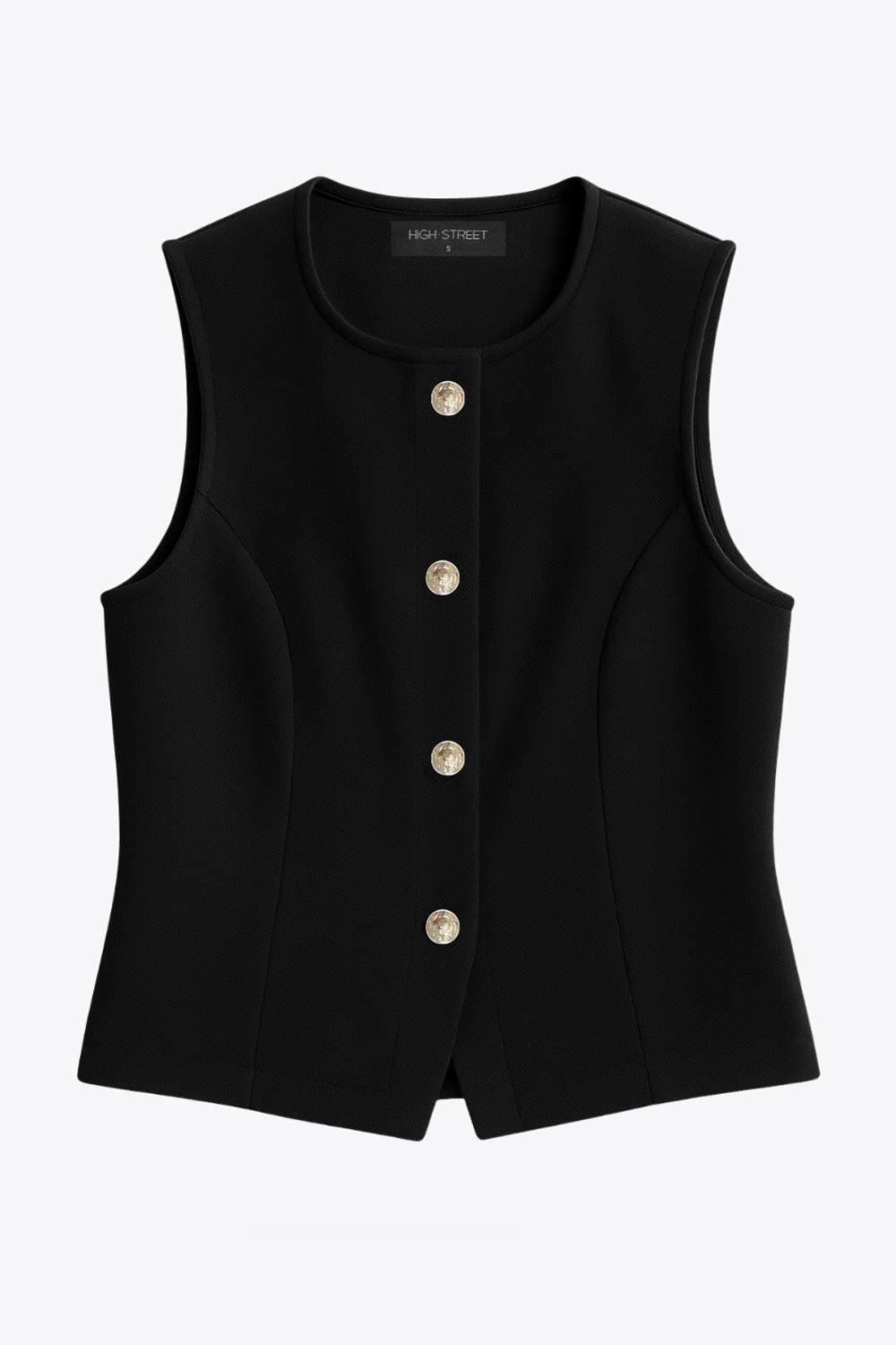 Chaleco de punto, fit ajustado, cortes frontales, cuello redondo y cierre frontal con hilera de botones en contraste.